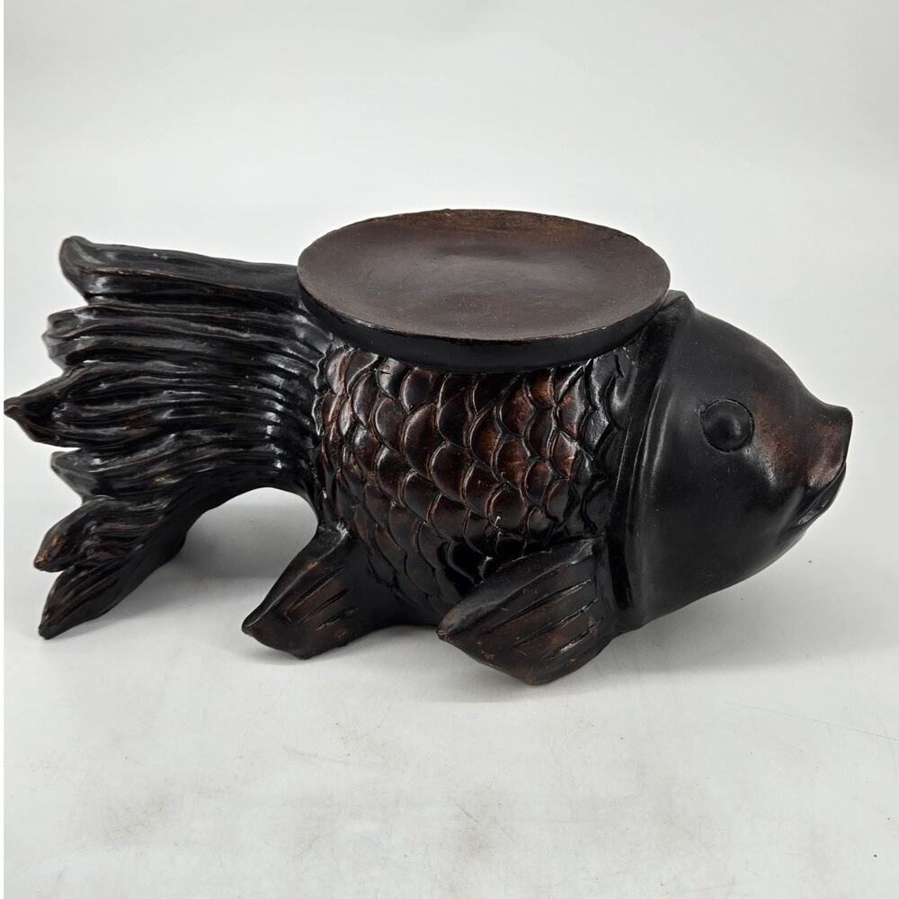 Vtg Koi Fish Sculpture Plant Holder Candle Pedestal Decorative Resin Wood Look
